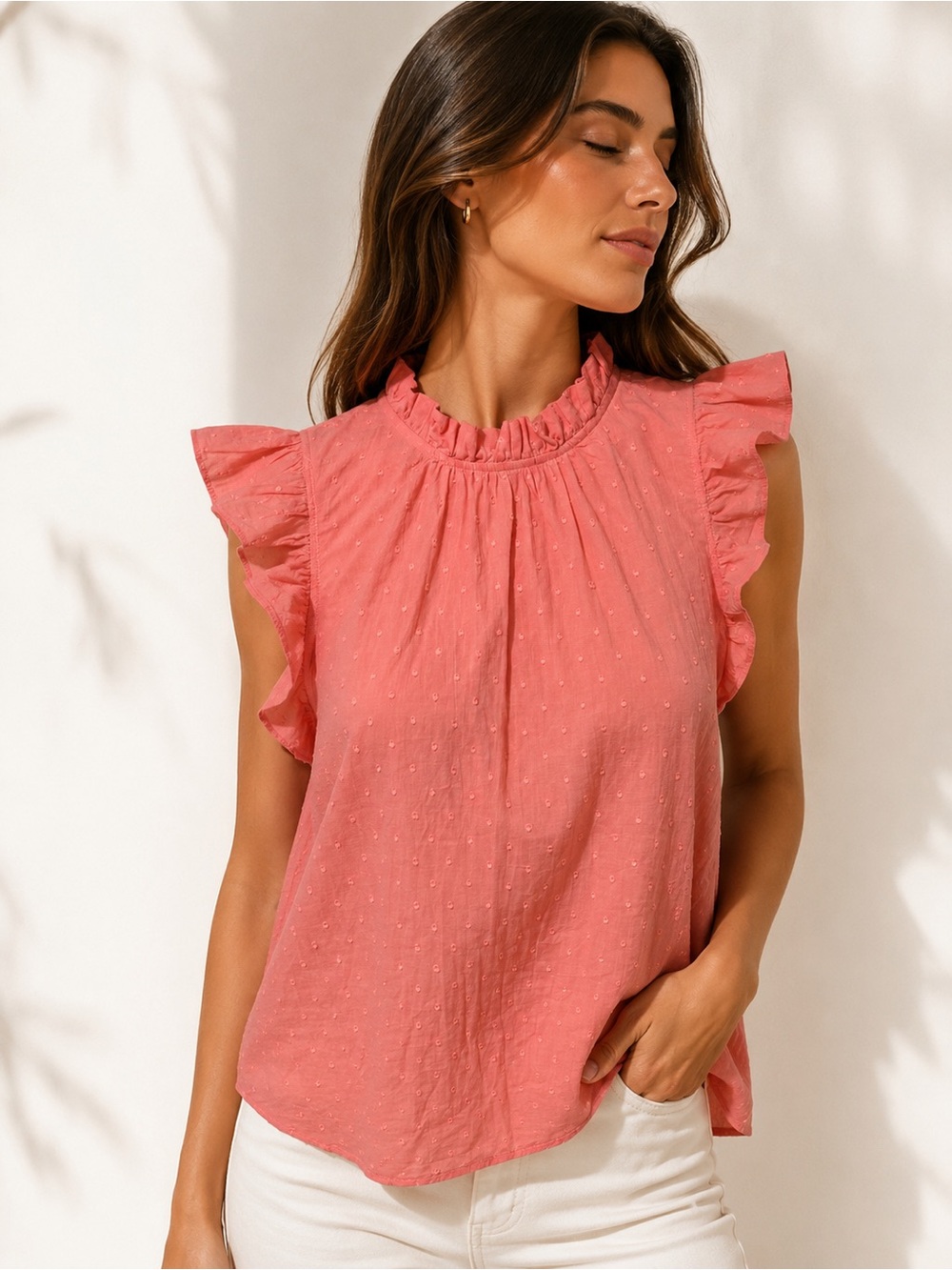 LOFT Coral Pink Ruffled Mock Neck Swiss Dot Top